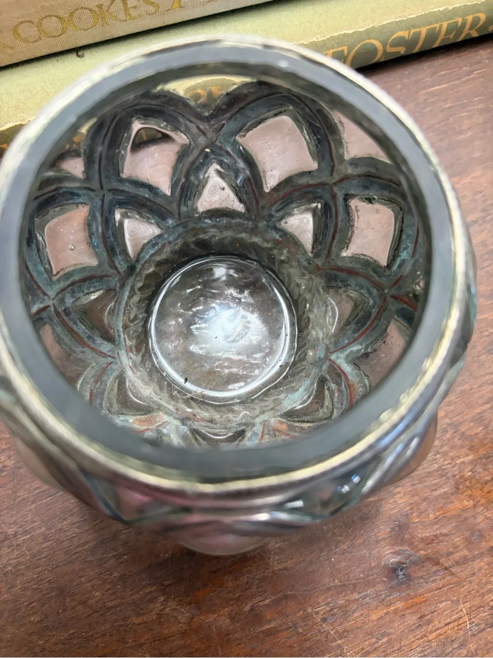 Decorative blown Glass Votive with Antique Pewter Overlay EUC quiet luxury